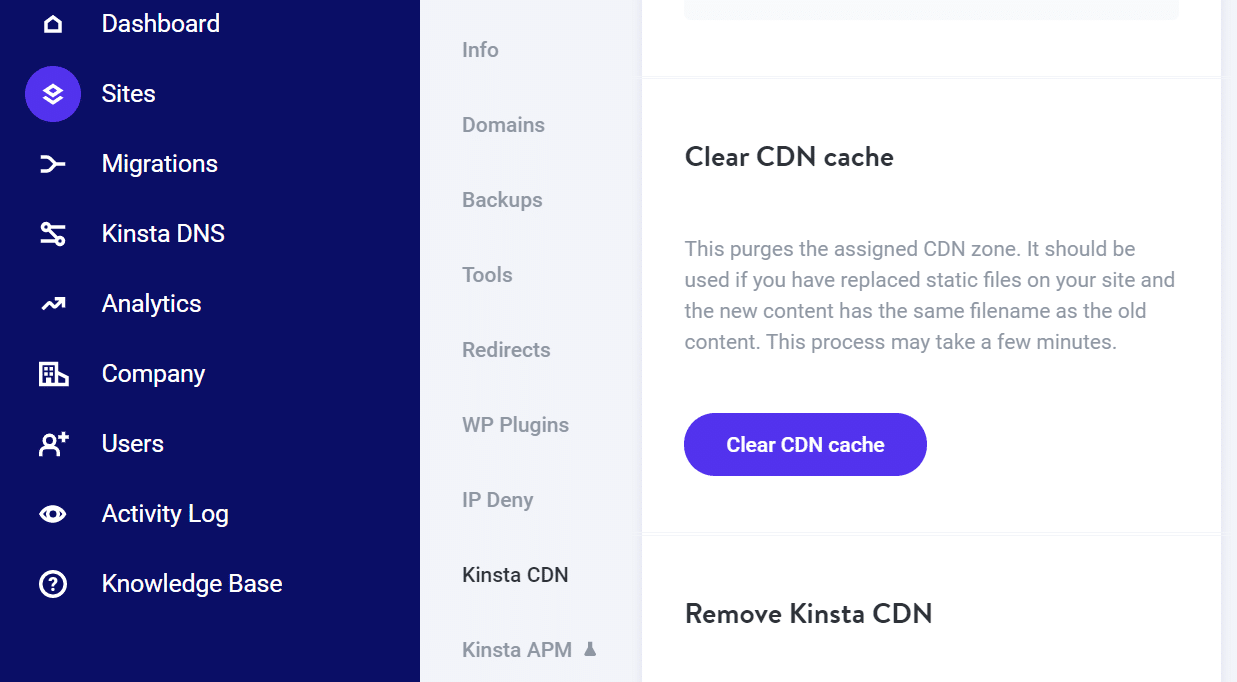 Limpar cache CDN no MyKinsta.