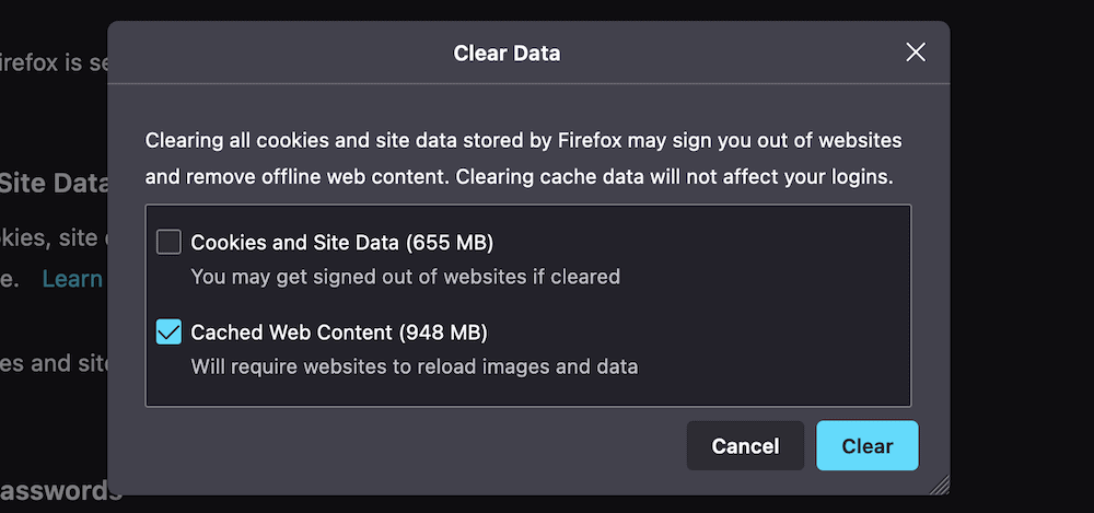 Firefoxの「データを消去」ダイアログ