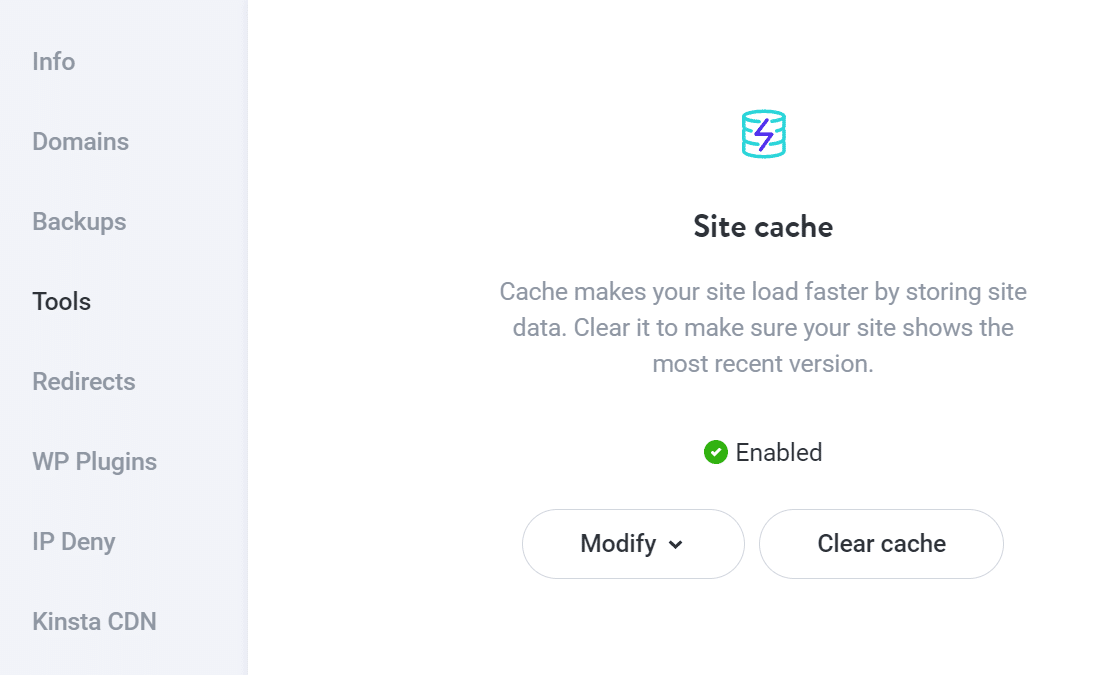 Cancella cache nella dashboard di MyKinsta.