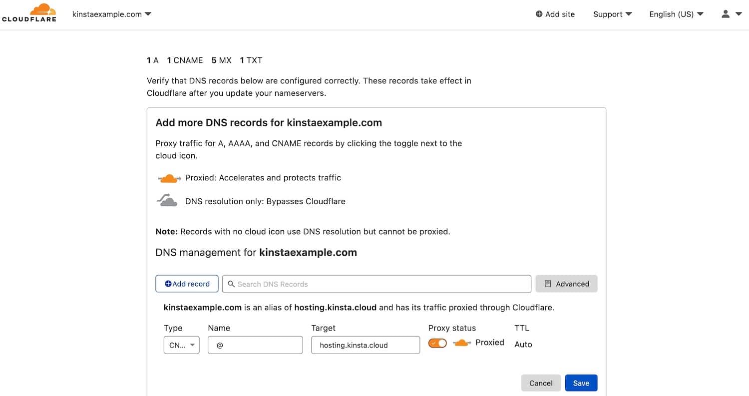 Aggiungere un nuovo record CNAME al dominio in Cloudflare.