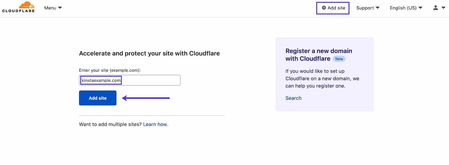 Añade un sitio a tu cuenta de Cloudflare.