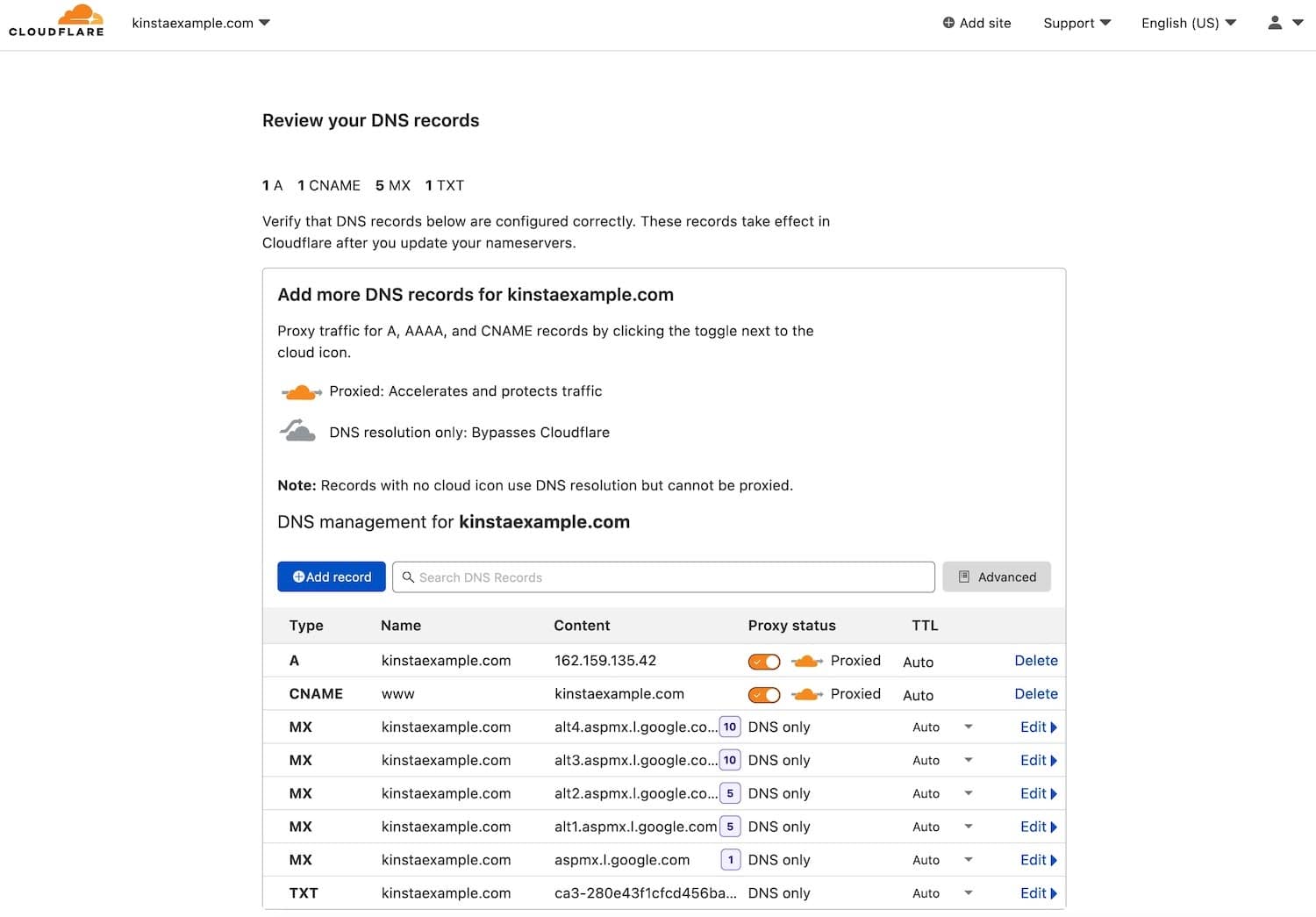 Gennemgang af DNS-poster for et nyligt tilføjet domæne i Cloudflare.