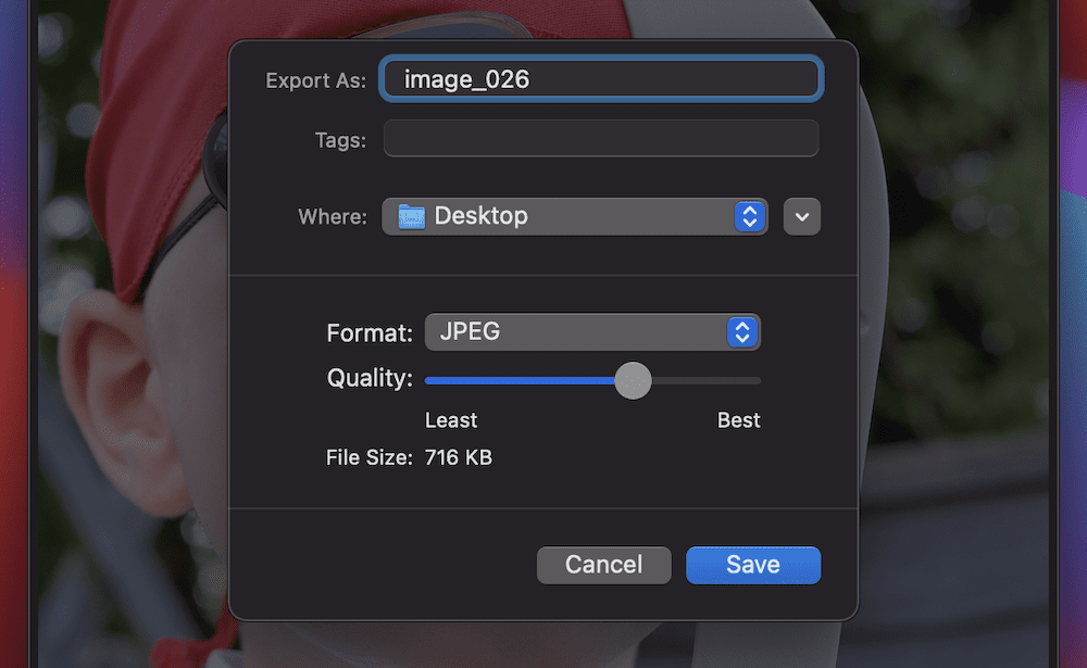 A compression slider for a JPEG image, showing an "Export" dialog with the "Format" set to "JPEG" and the "Quality" bar set to approximately 70%, along with the reduced file size (716 KB).