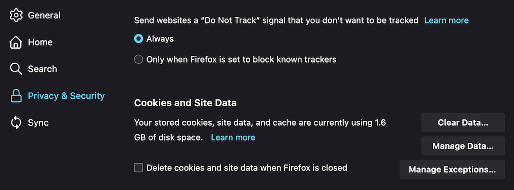Seção "Cookies and Site Data" do Firefox