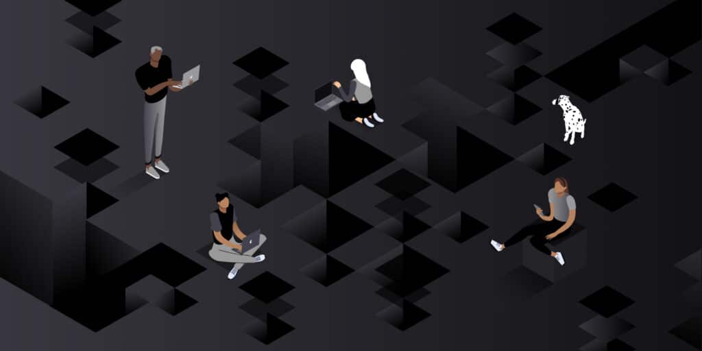 Illustration of figures navigating a black floor that's pitted with deep holes in rectangular block patterns.