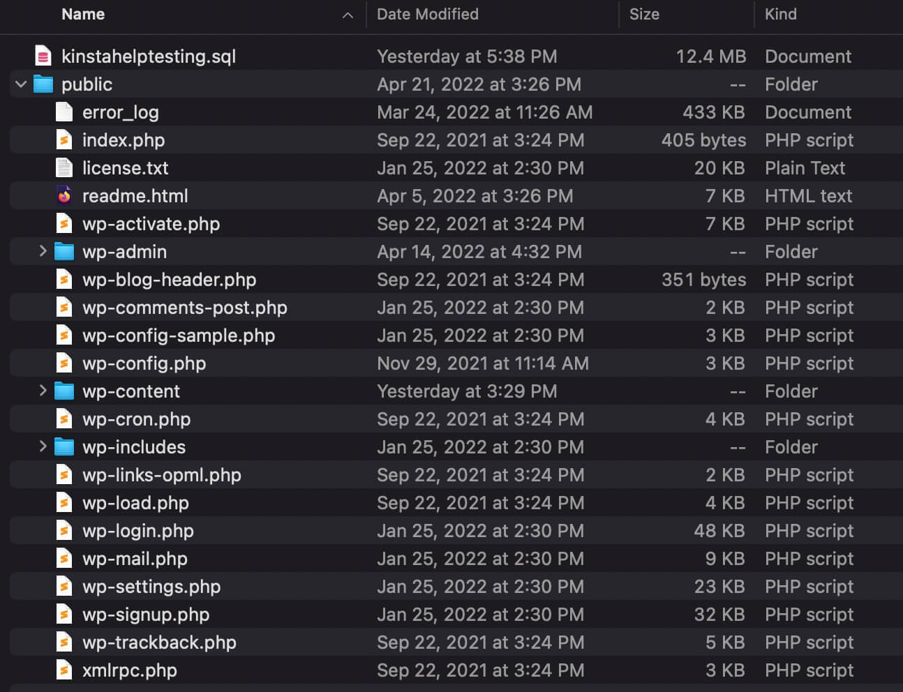 Visualizzate i file del backup scaricabile del vostro sito WordPress.