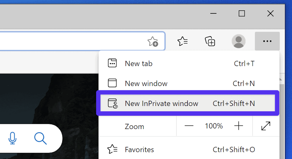 La opción "Nueva ventana InPrivada" de Microsoft Edge.