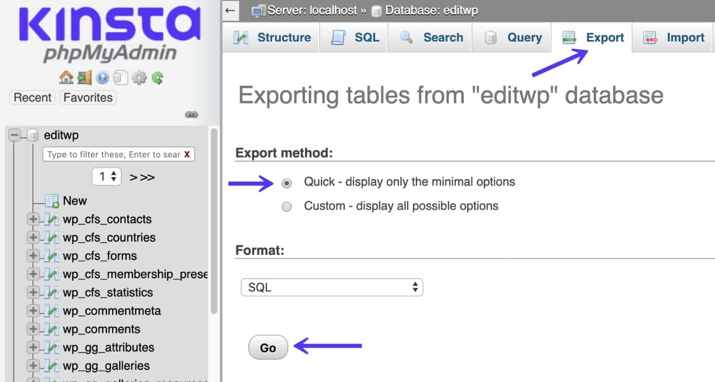 Exporting a database with the quick export method in phpMyAdmin.
