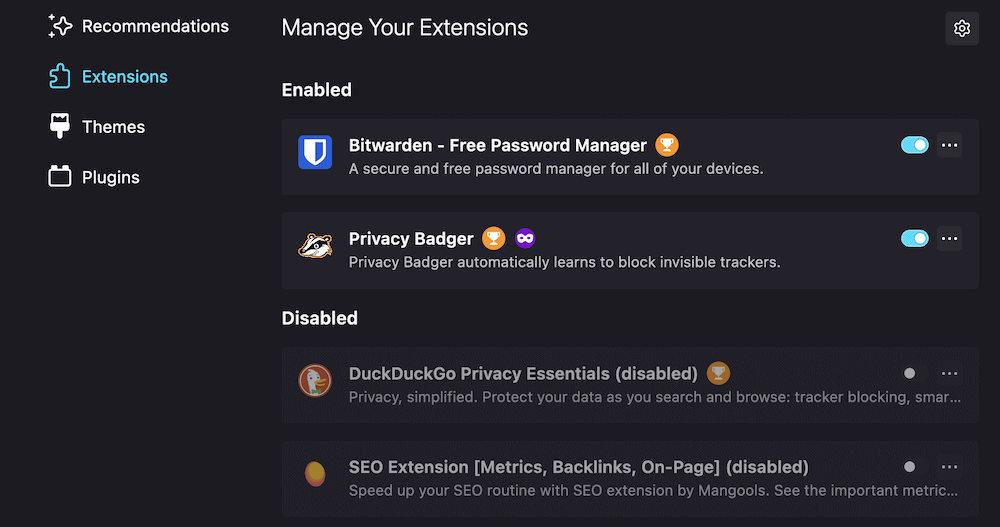 Firefox’s "Extensions" page showing a list of enabled and disabled extensions, with the words "Manage Your Extensions" at the top.