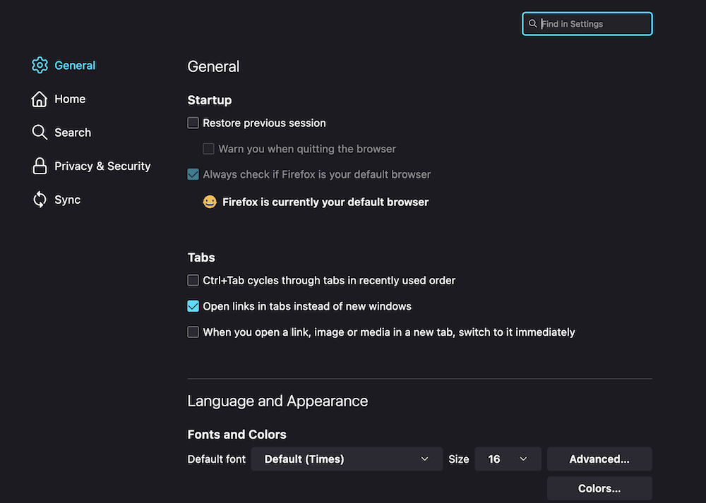 Firefox’s "Settings" screen, open to the "General" tab.
