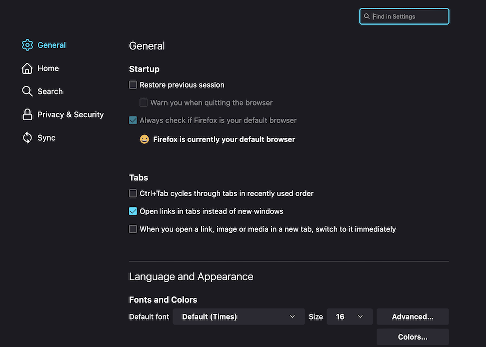 Topic: the defaults for Firefox, General, Language & Appearance, Fonts