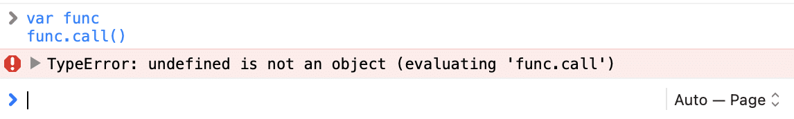 L’errore “TypeError: undefined is not an object” mostrato su uno sfondo rosso accanto a un'icona rossa a forma di punto esclamativo con sopra la chiamata al metodo func.call().