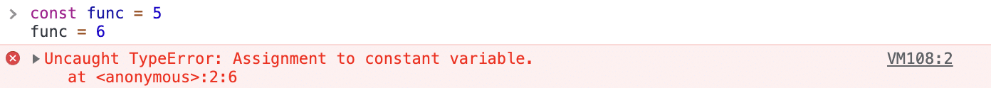 L’errore “Uncaught TypeError: Assignment to constant variable” mostrato su uno sfondo rosso accanto all'icona di una croce rossa con assegnazione func = 6 sopra di essa.