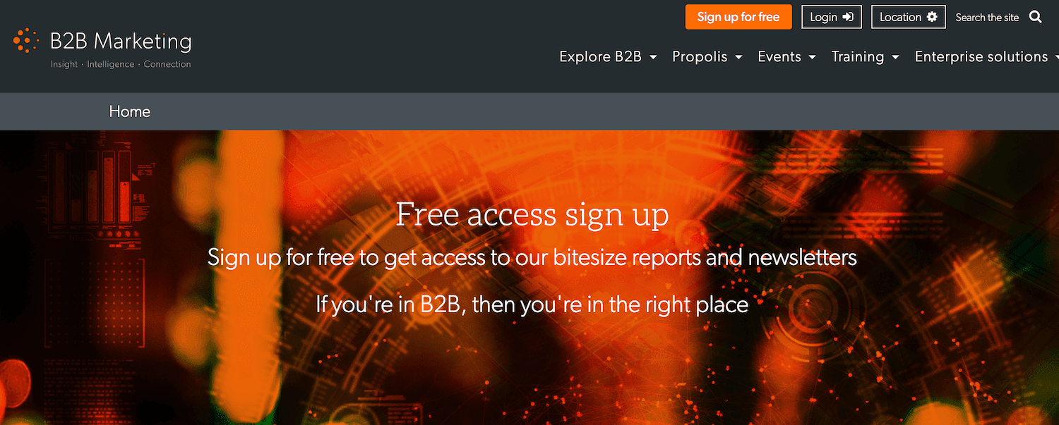 Schermata dal sito B2B Marketing che promuove l’iscrizione gratuita