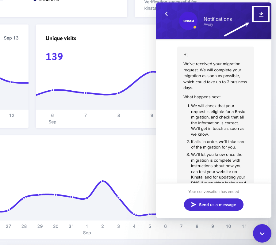 Klik på ikonet med pil nedad (download) for at gemme en udskrift af din chat.