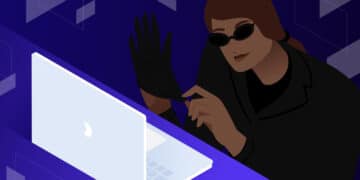 Illustration of a person in front of a laptop, wearing dark glasses pulling on dark gloves.