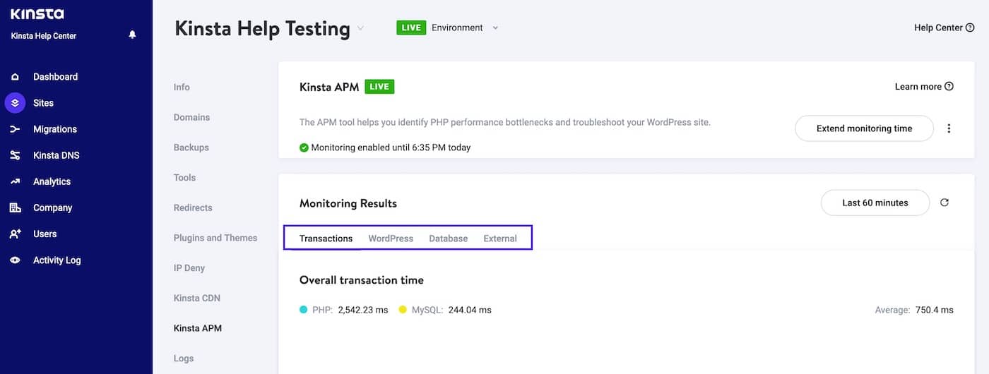 Abas de resultados de monitoramento Kinsta APM: Transações, WordPress, Banco de Dados e Externo.