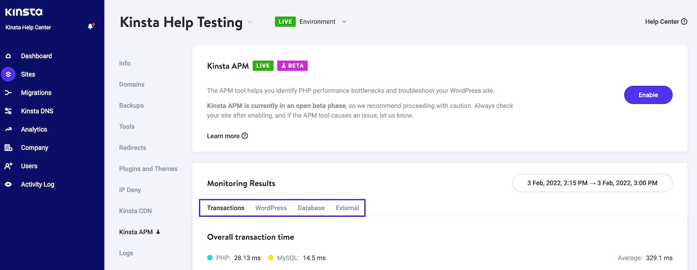 Kinsta APM Monitoring Results tabs: Transactions, WordPress, Database, and External Schede dei risultati del monitoraggio Kinsta APM: Transazioni, WordPress, Database ed Esterno.