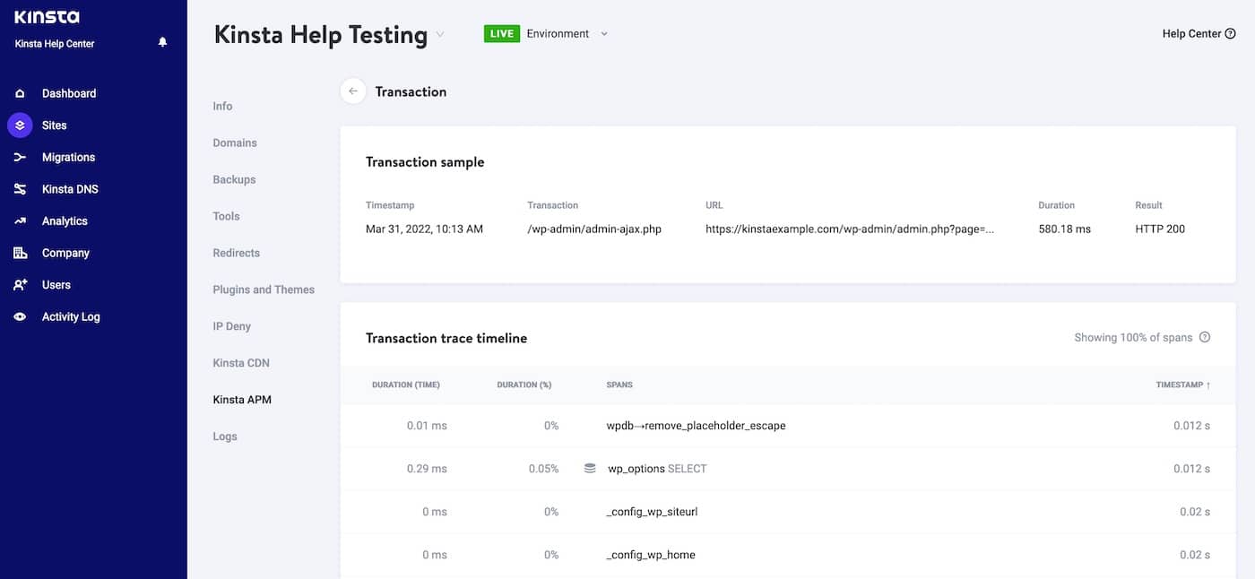Transaction sample with trace timeline in Kinsta APM.