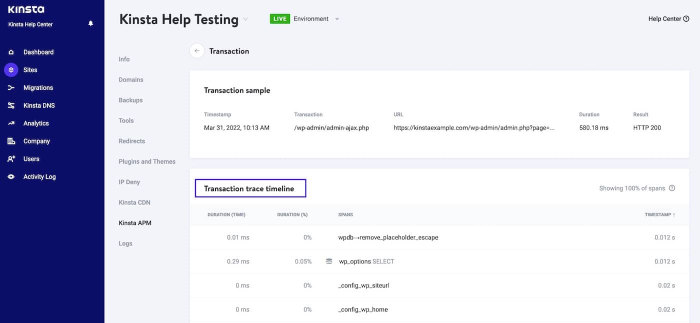 The transaction trace timeline in the Kinsta APM tool.