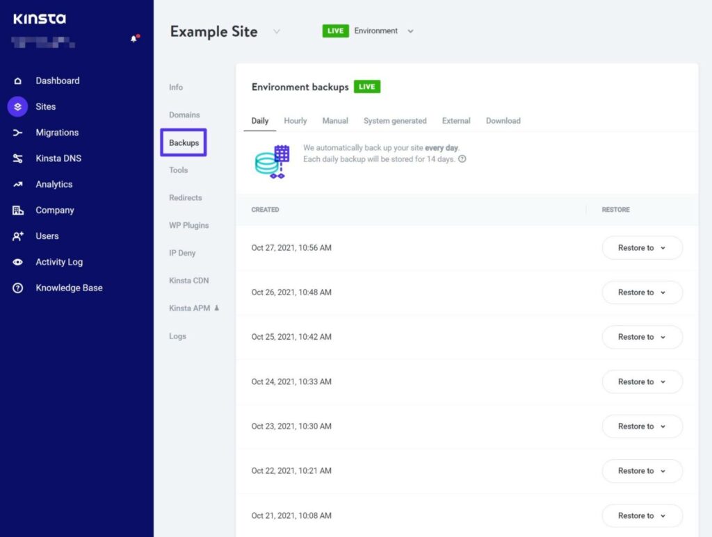 A list of backups in the Kinsta backup tool.