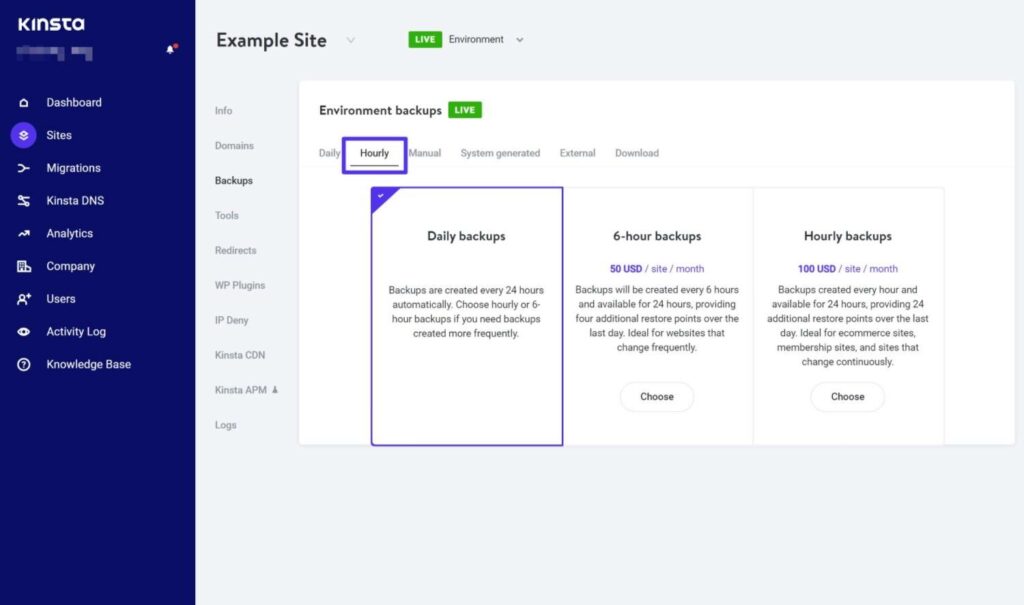 How to change Kinsta backup frequency - you have options for every six hours or hourly