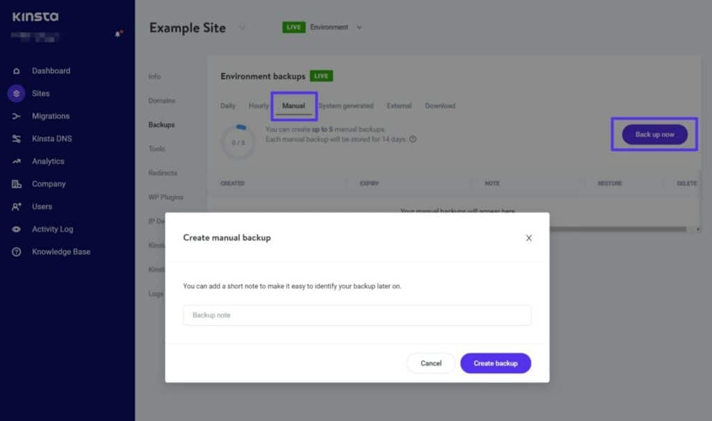 Como fazer um backup manual na Kinsta.