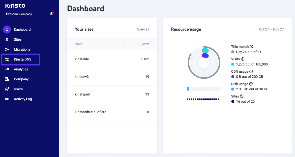 Finde Kinsta DNS im MyKinsta-Dashboard