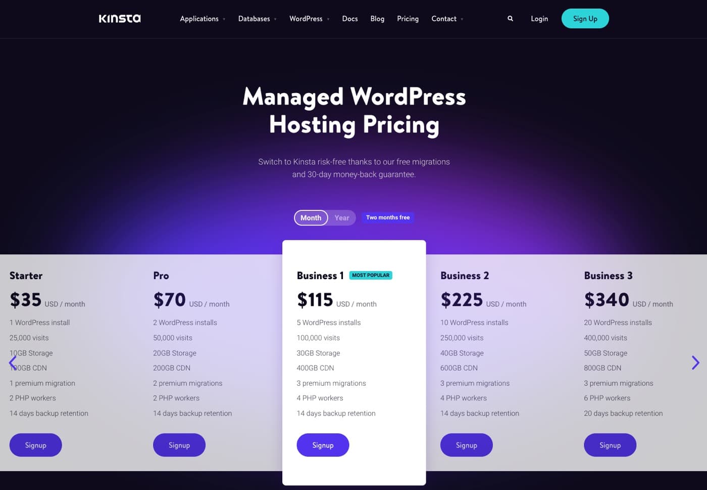 Pagina dei prezzi dell'hosting WordPress gestito di Kinsta.