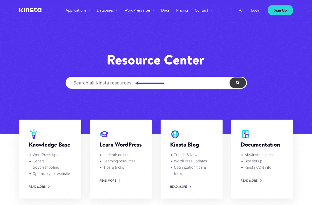 Kinsta Resource Center-søgning.