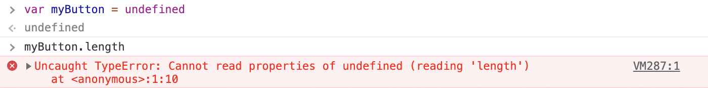 L’errore “Uncaught TypeError: Cannot read properties of undefined” mostrato su uno sfondo rosso accanto all'icona di una croce rossa con la chiamata myButton.length sopra di esso.