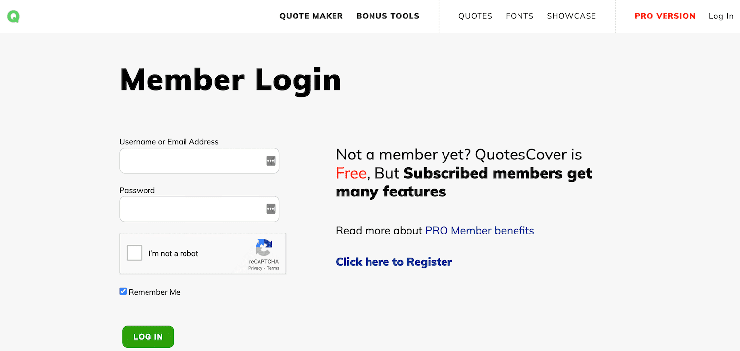 Schermata di una pagina di accesso per membri dal sito QuotesCover