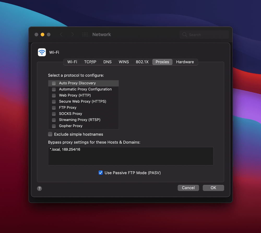 The macOS Proxies tab.