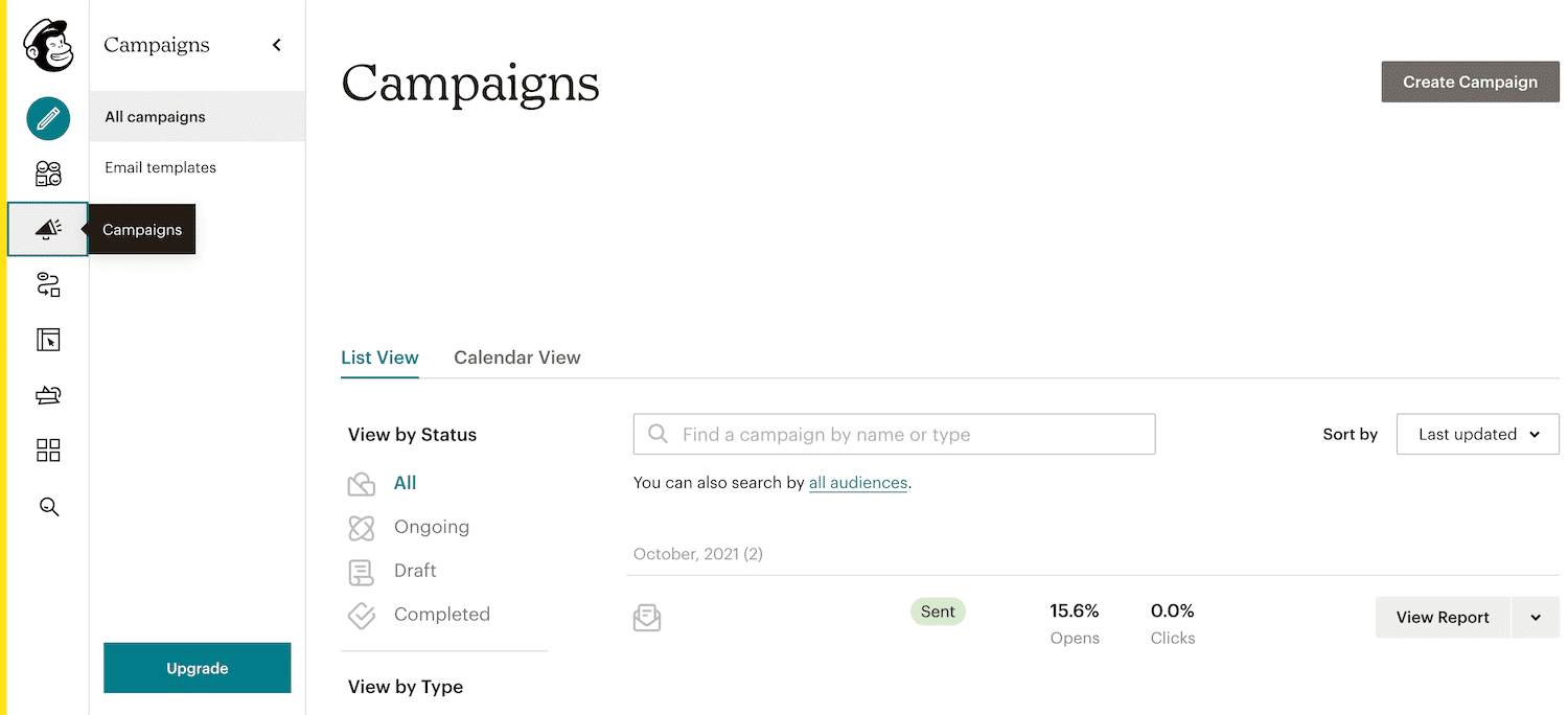 Välj “Kampanj”-knappen i Mailchimp.