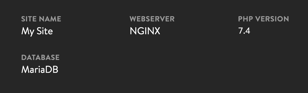 Come scegliere MariaDB nel cruscotto di DevKinsta: schermata che mostra il nome del sito, il server web, la versione di PHP e il database (quest'ultimo è impostato su 