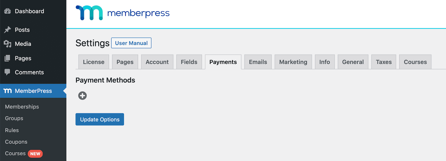 Schermata della scheda per aggiungere metodi di pagamento in MemberPress