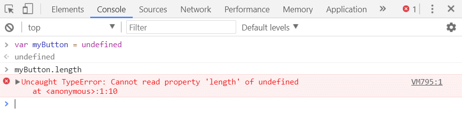 The error “Uncaught TypeError: Cannot read property 'length' of undefined” shown on a red background beside a red cross icon with myButton.length call above it.