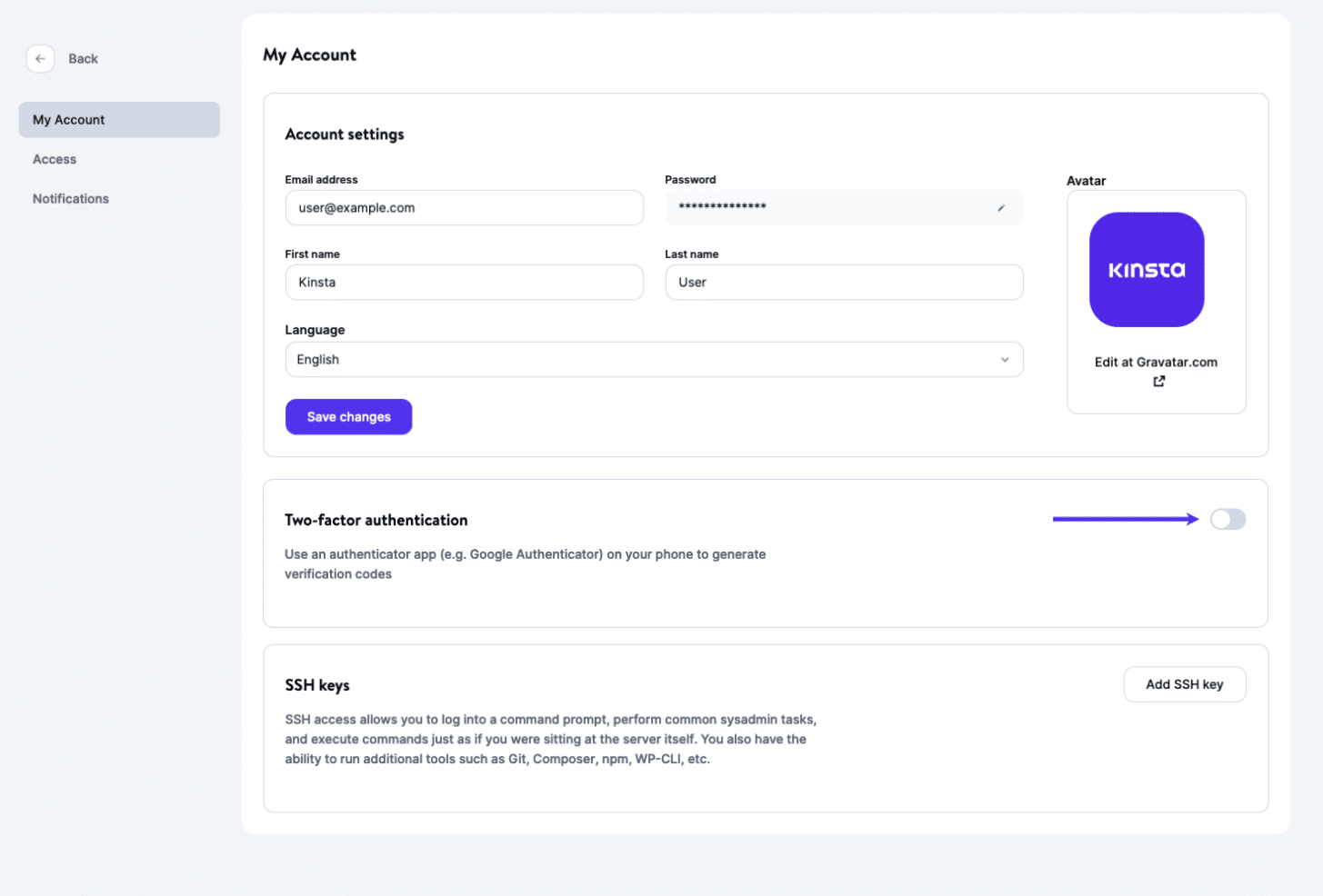 Enable two-factor authentication in MyKinsta.