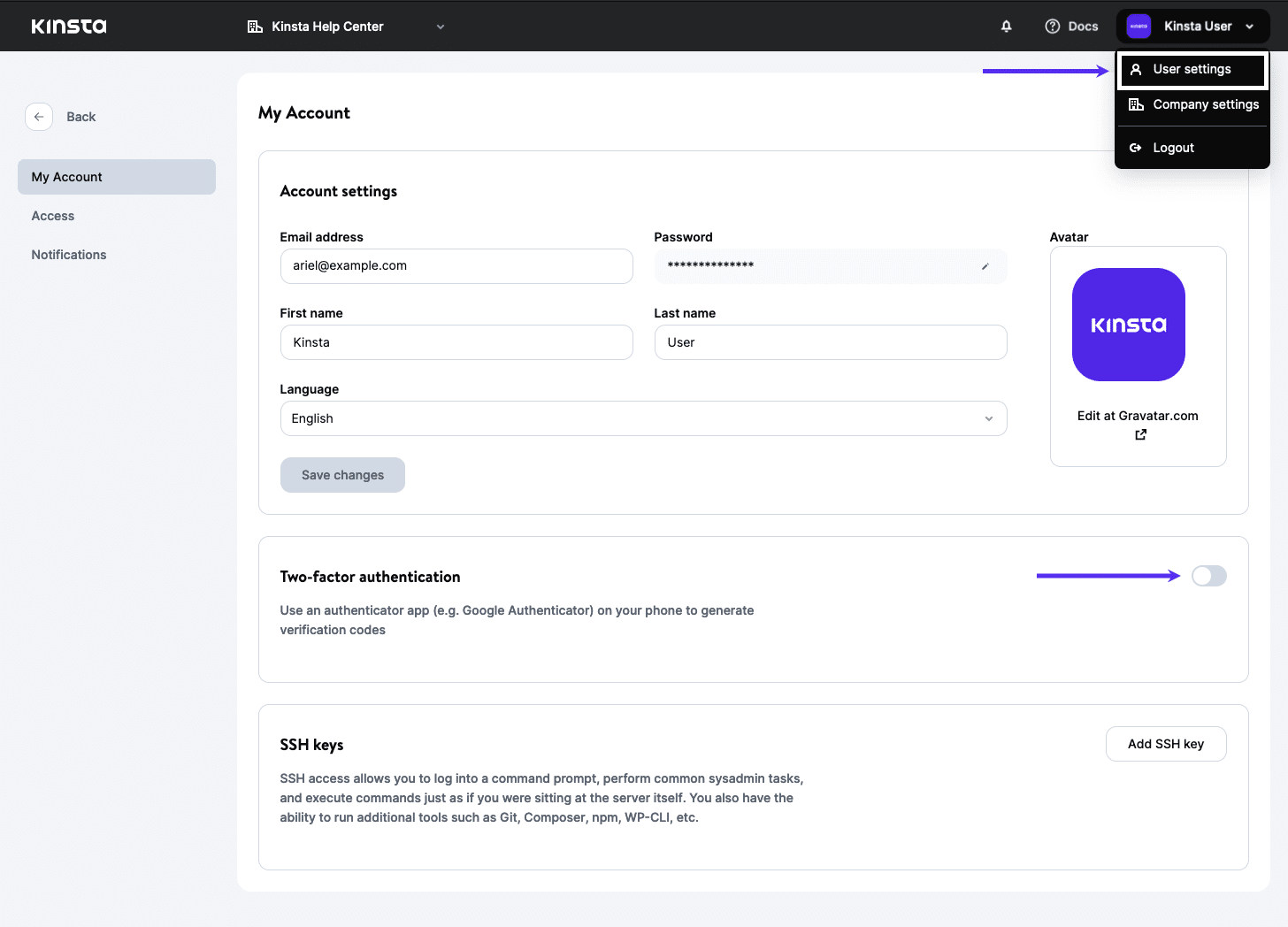 Enable two-factor authentication in MyKinsta.