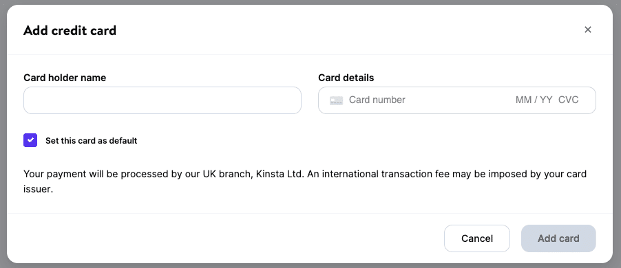 Du kan ændre dit standardkreditkort i MyKinsta.