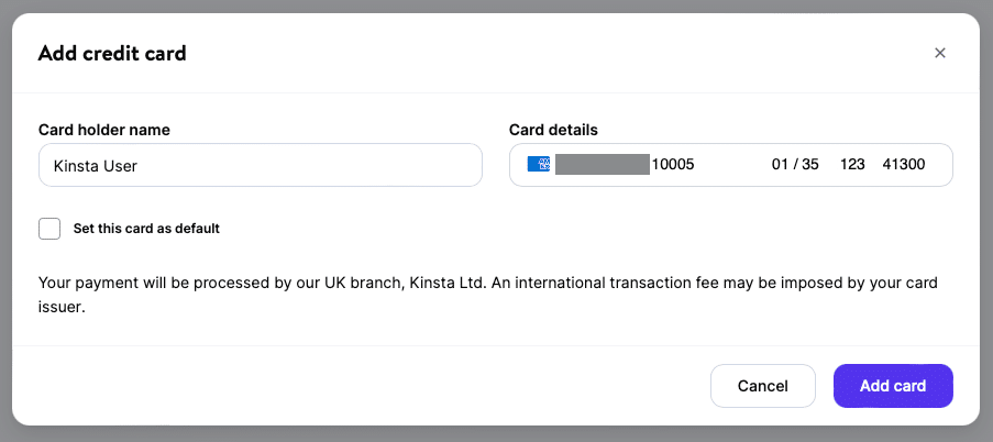 Añadir una tarjeta de crédito transfronteriza en MyKinsta.