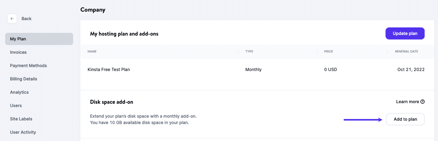 Lägg till Diskutrymmestillägget till din plan i MyKinsta.