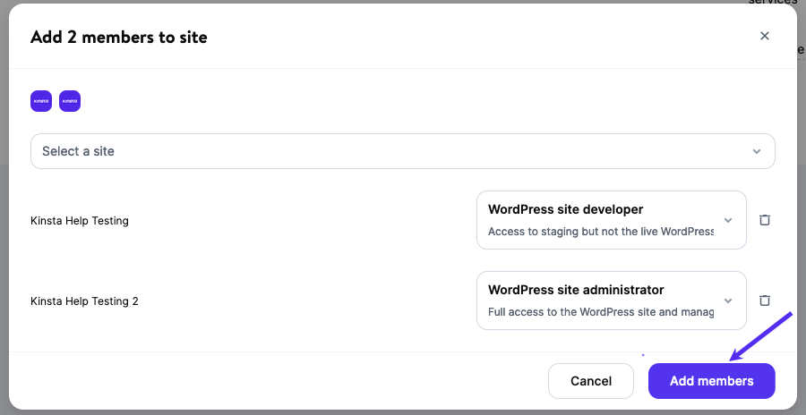 Haz clic en Añadir miembros para confirmar los usuarios que vas a añadir a tu(s) sitio(s).