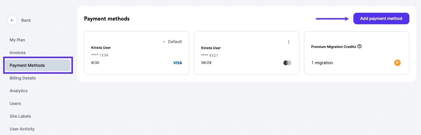 Tilføj en betalingsmetode i MyKinsta.