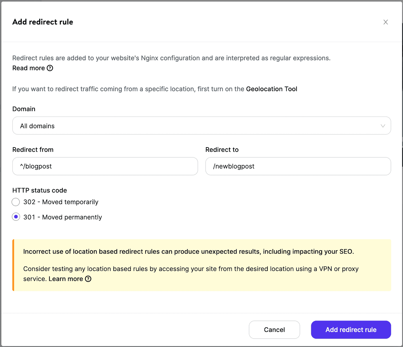 Añadir una redirección 301 en MyKinsta.