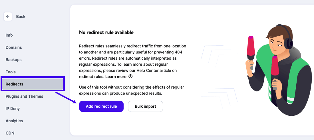 Añadir reglas de redirección en MyKinsta.