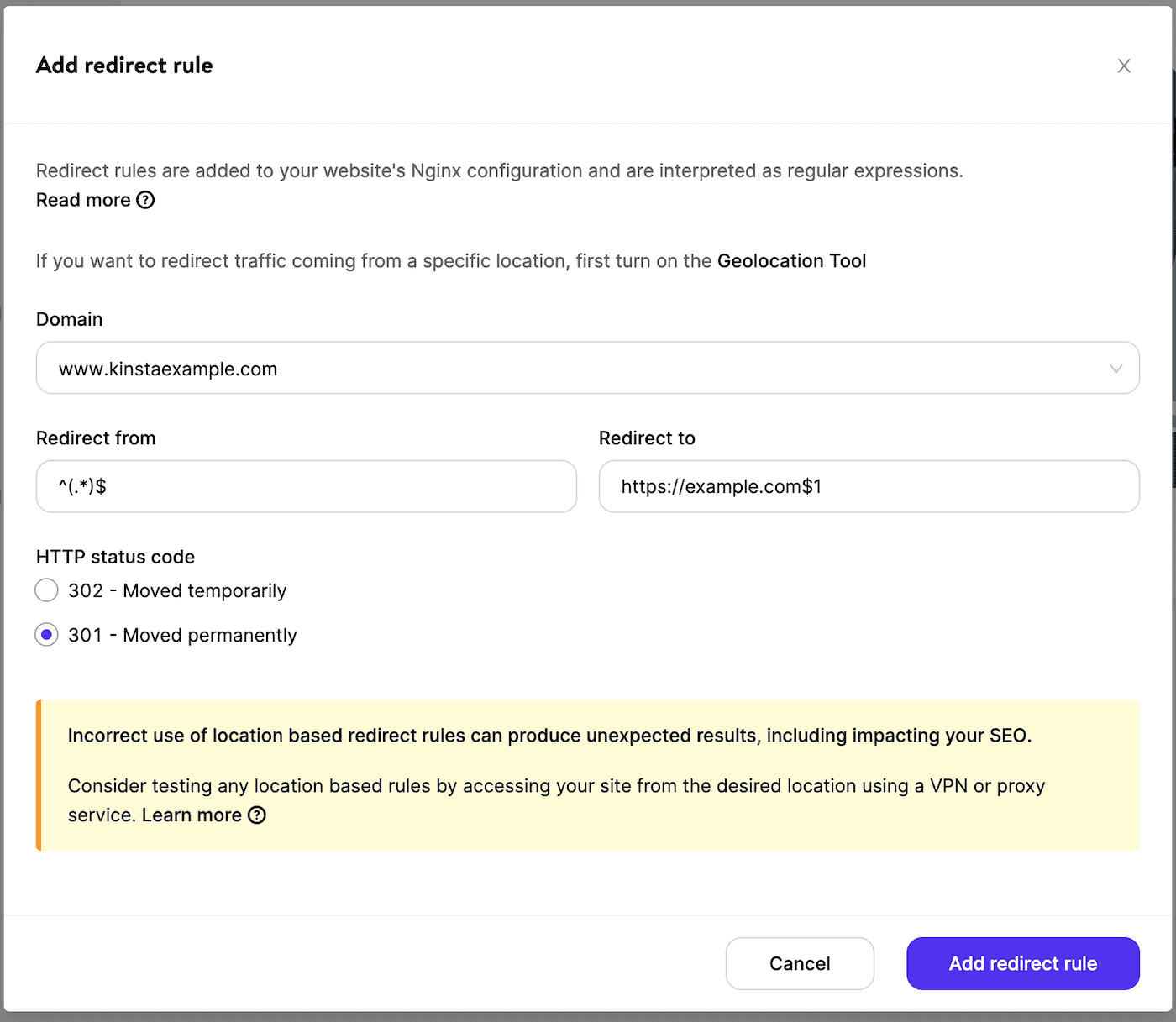 Redirect www traffic to non-www with a 301 redirect in MyKinsta.