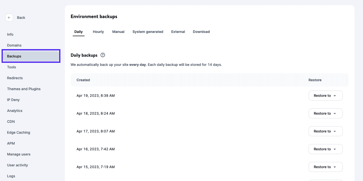 Copias de seguridad en MyKinsta.