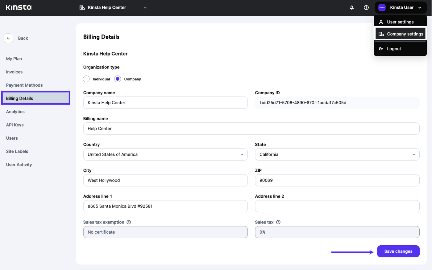 MyKinsta's faktureringsuppgifter.