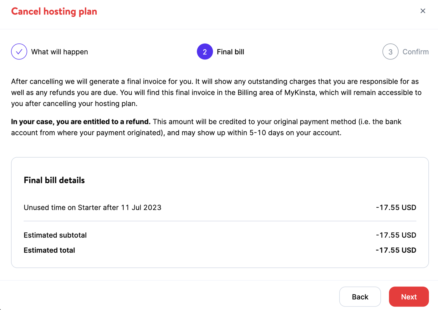 Final bill details when canceling a Managed WordPress Hosting plan.